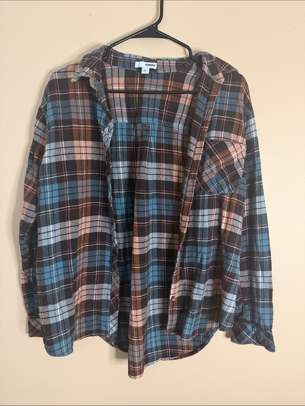 Sonoma Blue, Brown & Pink Plaid Button-Down Women's Shirt